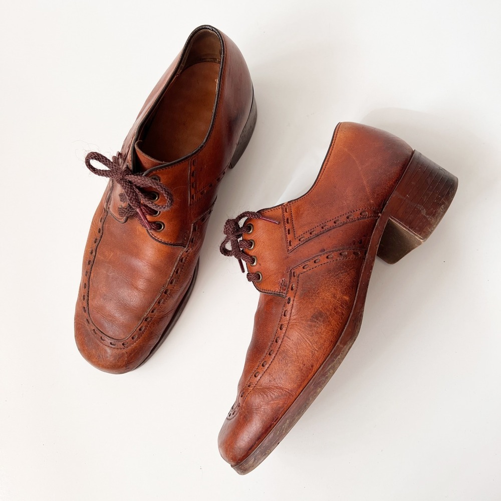 Vintage 70s Brown Leather Dress Shoes Men's Size 12 Brogue Cuban Heel Bohemian